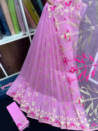 Lux Pink Original Handloom Hslfsilk Dhakai Jamdani Saree With Golden Jori Work and Magenta Threads Work