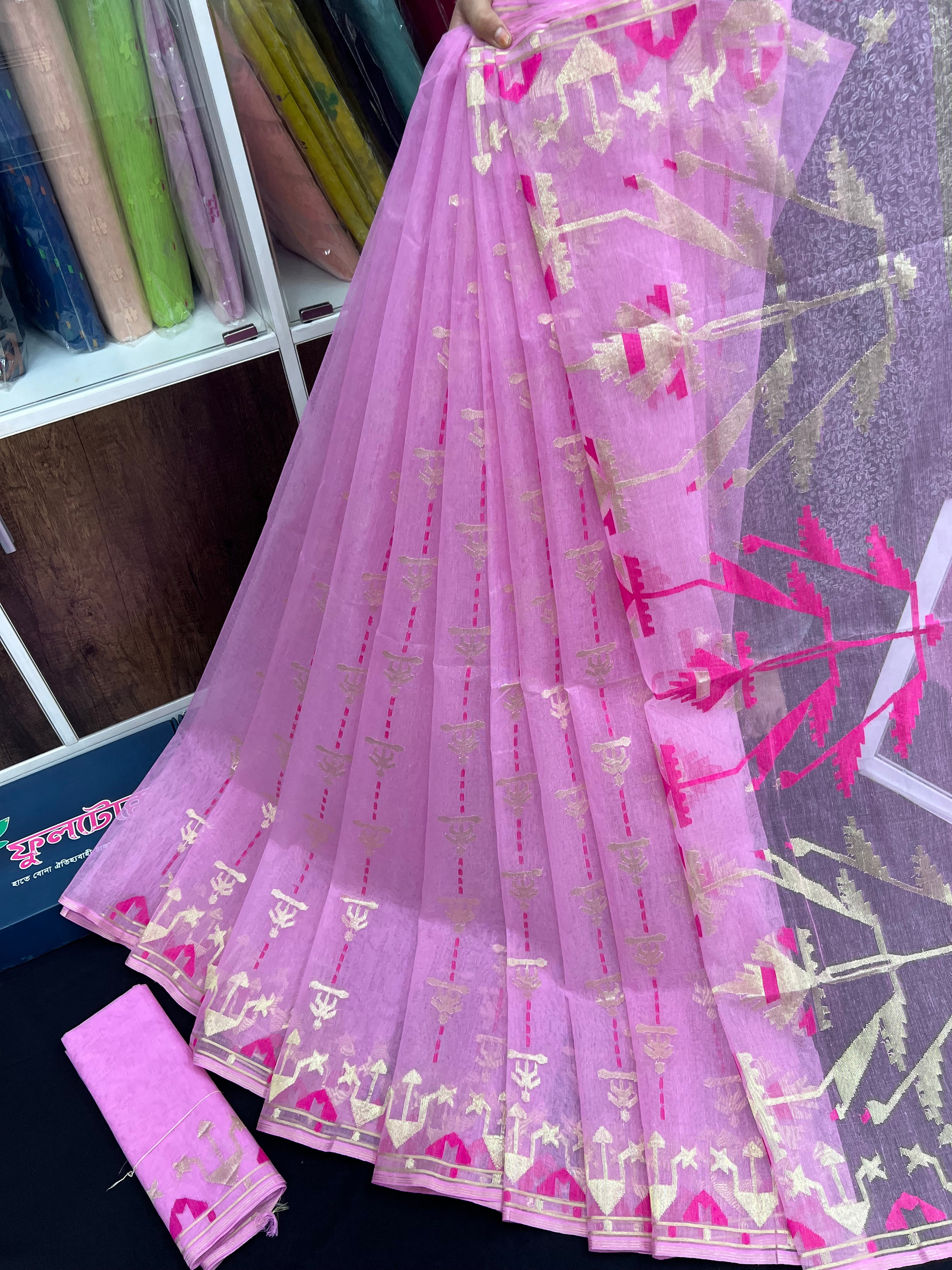 Lux Pink Original Handloom Hslfsilk Dhakai Jamdani Saree With Golden Jori Work and Magenta Threads Work