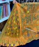 Olive exclusive halfsilk jamdani saree with yellow orange blue pink threads work