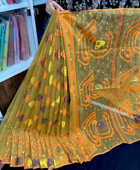 Olive exclusive halfsilk jamdani saree with yellow orange blue pink threads work