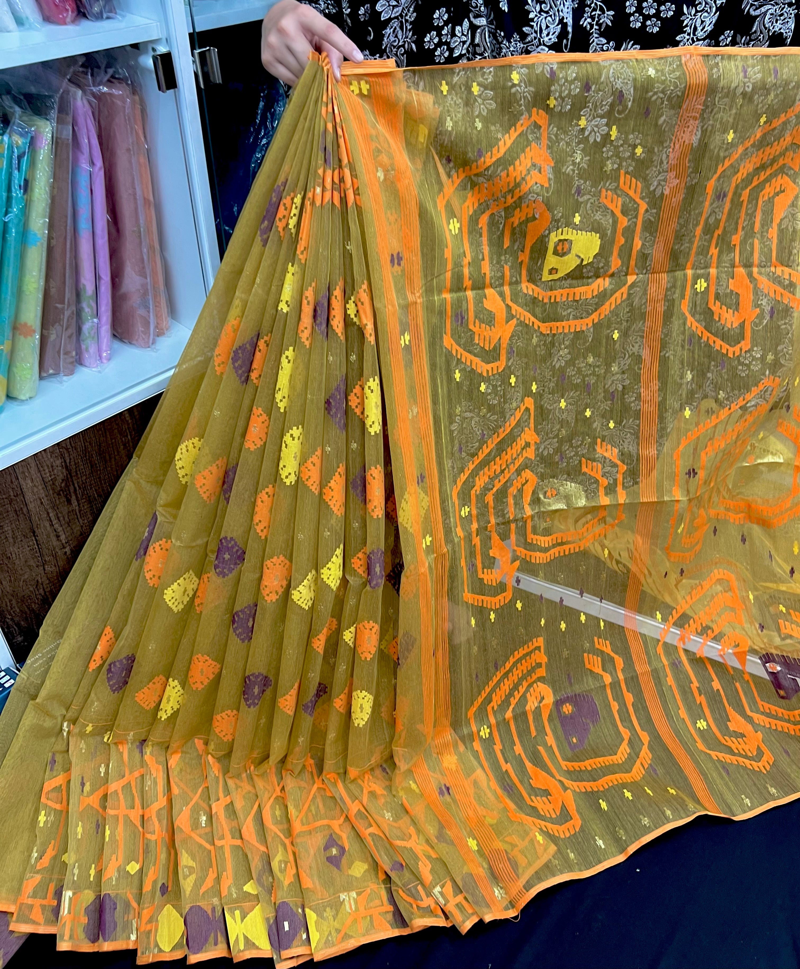 Olive exclusive halfsilk jamdani saree with yellow orange blue pink threads work