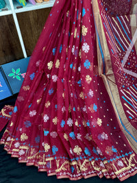 Maroon jamdani saree with golden jori work all over work with blouse piece.