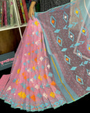 Pink jamdani saree with blue yellow white orange threads work