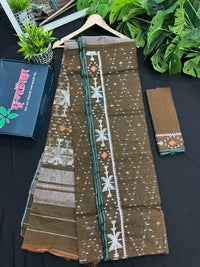 Mehendi Brown Original Handloom Halfsilk Dhakai Jamdani Sarww With Silver Jori Work & Orange Threads Work