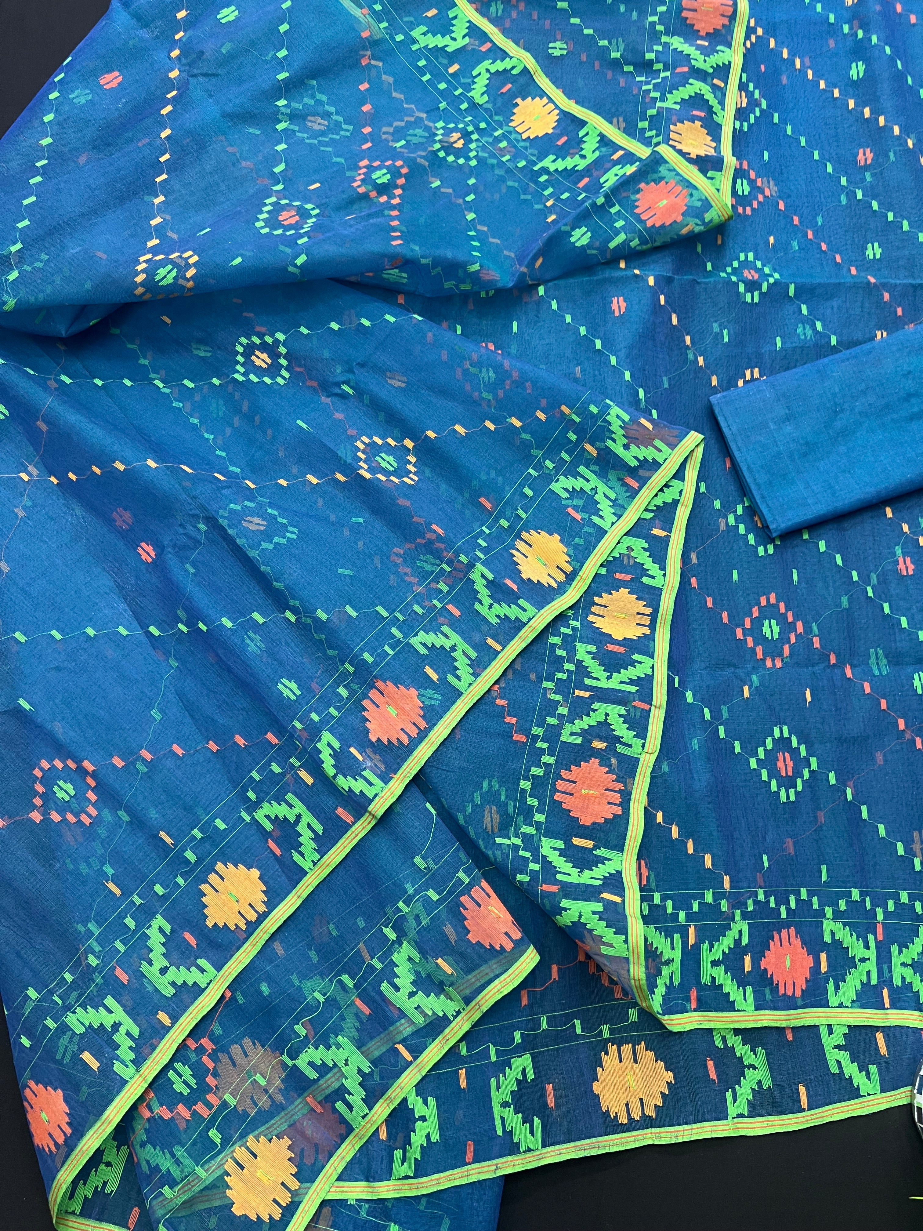 Sea Green Original Handloom Dhakai Jamdani With Orange Green & Yellow Threads Work