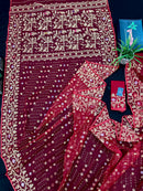 Reddish Maroon Bridal Exclusive dhakai jamdani saree with all over golden jori work soft count.