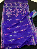 Purple exclusive jamdani saree with golden silver and copper jori work.