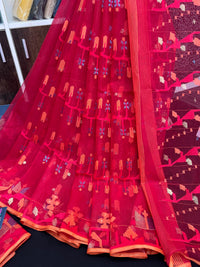 Cherry Red Original Handloom Halfsilk Dhakai Jamdani Saree