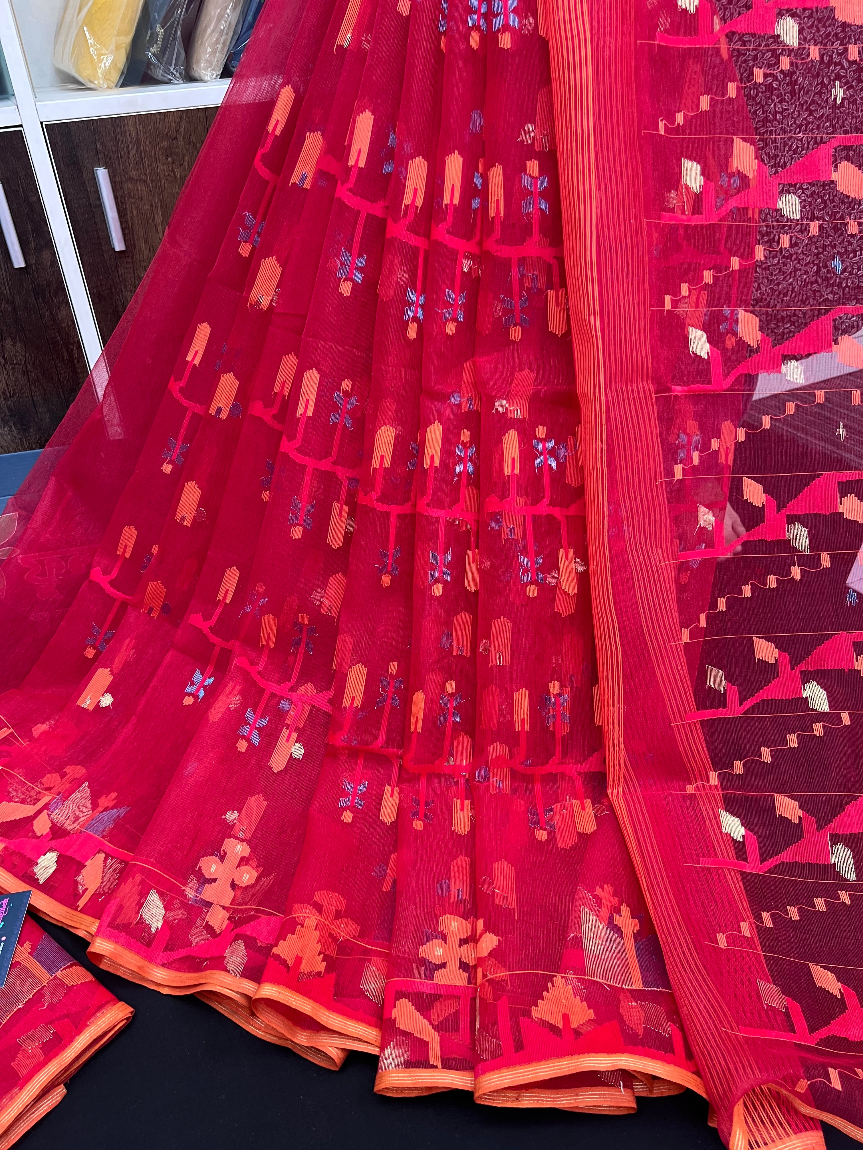 Cherry Red Original Handloom Halfsilk Dhakai Jamdani Saree