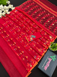 Cherry Red Original Handloom Halfsilk Dhakai Jamdani Saree