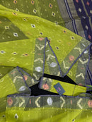 Olive halfsilk jamdani saree with golden silver & copper jori work and blue contrast paar