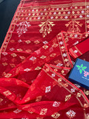 Red Handloom Dhakai Jamdani Saree With Blouse Piece