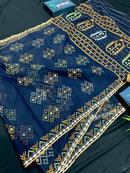 Navy blue jamdani saree with orange  green & off white threads work.