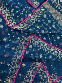 Peacock blue jamdani saree with golden silver copper jori work and pink border