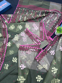Dual Shaded Original Handloom Halfsilk Dhakai Jamdani Saree With Pink Olive Threads Work