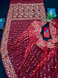 Reddish Maroon Bridal Exclusive dhakai jamdani saree with all over golden jori work soft count.