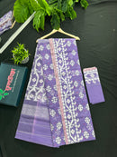Lavendar halfsilk jamdani saree with white threads work and magenta meena work