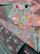 Pink jamdani saree with blue white yellow orange threads work and blouse piece.