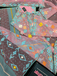 Pink jamdani saree with blue white yellow orange threads work and blouse piece.