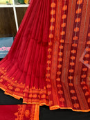 Red cotton jamdani saree with orange threads work