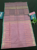 Onion colour jamdani saree with pink meena and green border.