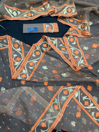 Peanut Brown dhakai jamdani saree with orange threads work & golden jori work all over soft count.