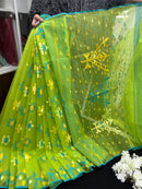 Lamon Green Original  Handloom Halfsilk Dhakai Jamdani Saree With Multiple Threads Work