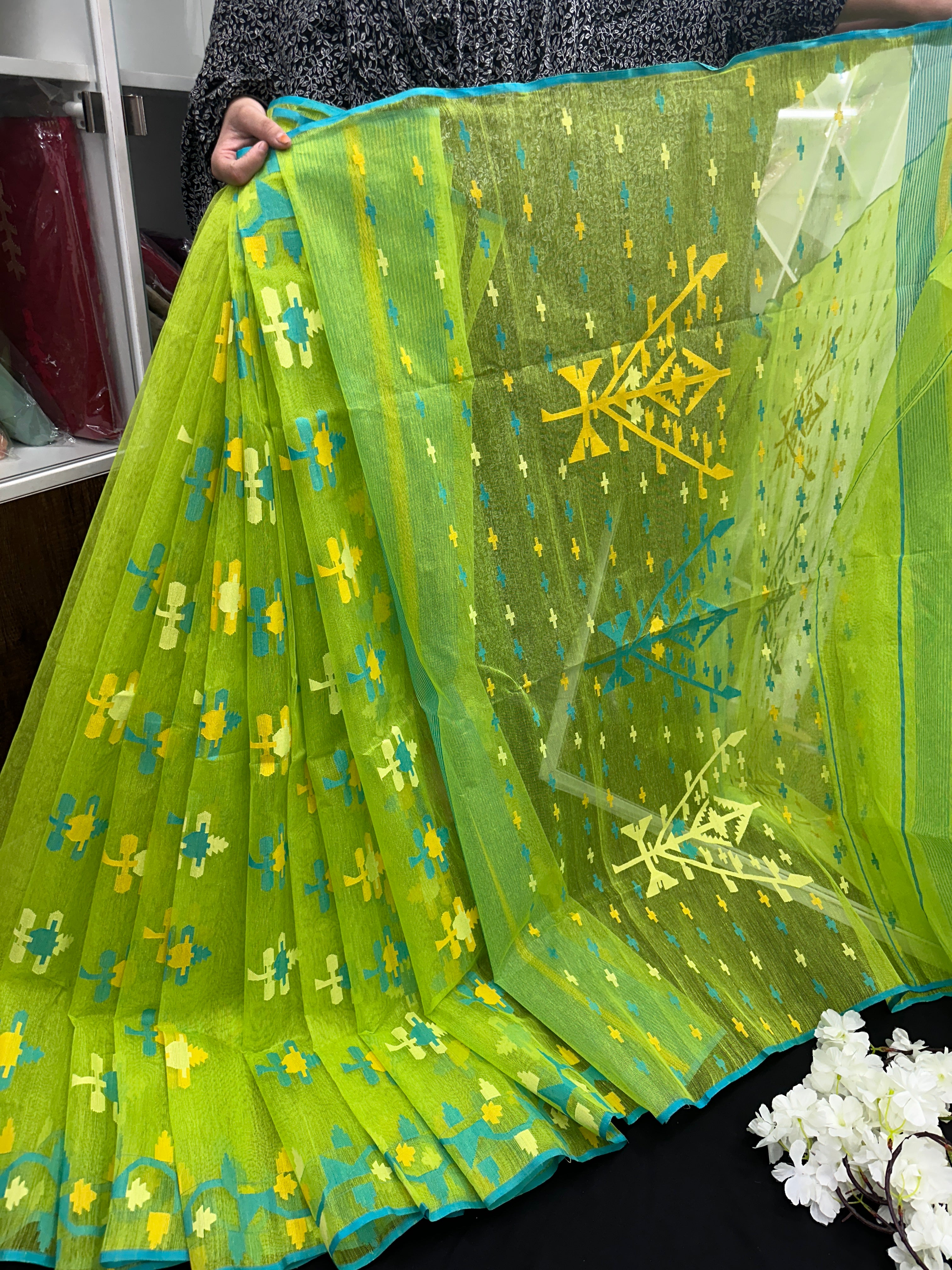 Lamon Green Original  Handloom Halfsilk Dhakai Jamdani Saree With Multiple Threads Work