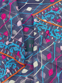 Purplish Blue dual toned jamdani saree with white pink blue threads work & blouse piece.
