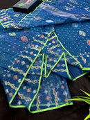 Sea blue dhakai jamdani saree with golden silver & copper jori work soft count.