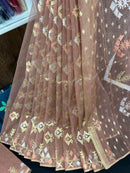 Nude mauve halfsilk jamdani saree with golden silver & copper jori work