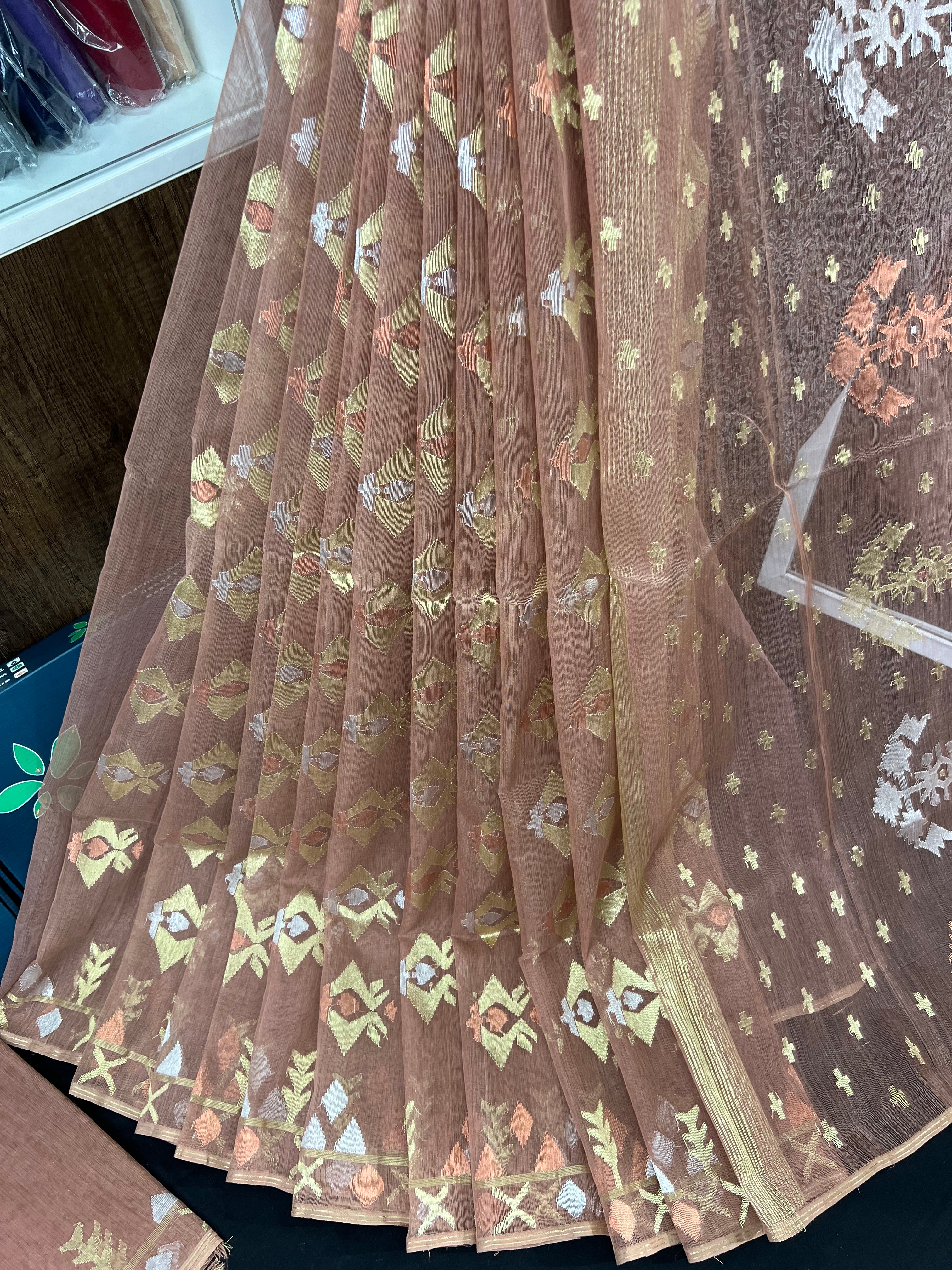 Nude mauve halfsilk jamdani saree with golden silver & copper jori work