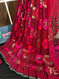 Redish Maroon bridal exclusive halfsilk jamdani saree with red magenta threads work and golden jori work