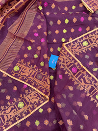 Bitrut colour cotton jamdani saree with yellow orange and pink threads work & blouse piece.