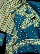 Peacock blue cotton jamdani saree with yellow threads work all over soft count