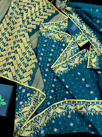 Peacock blue cotton jamdani saree with yellow threads work all over soft count