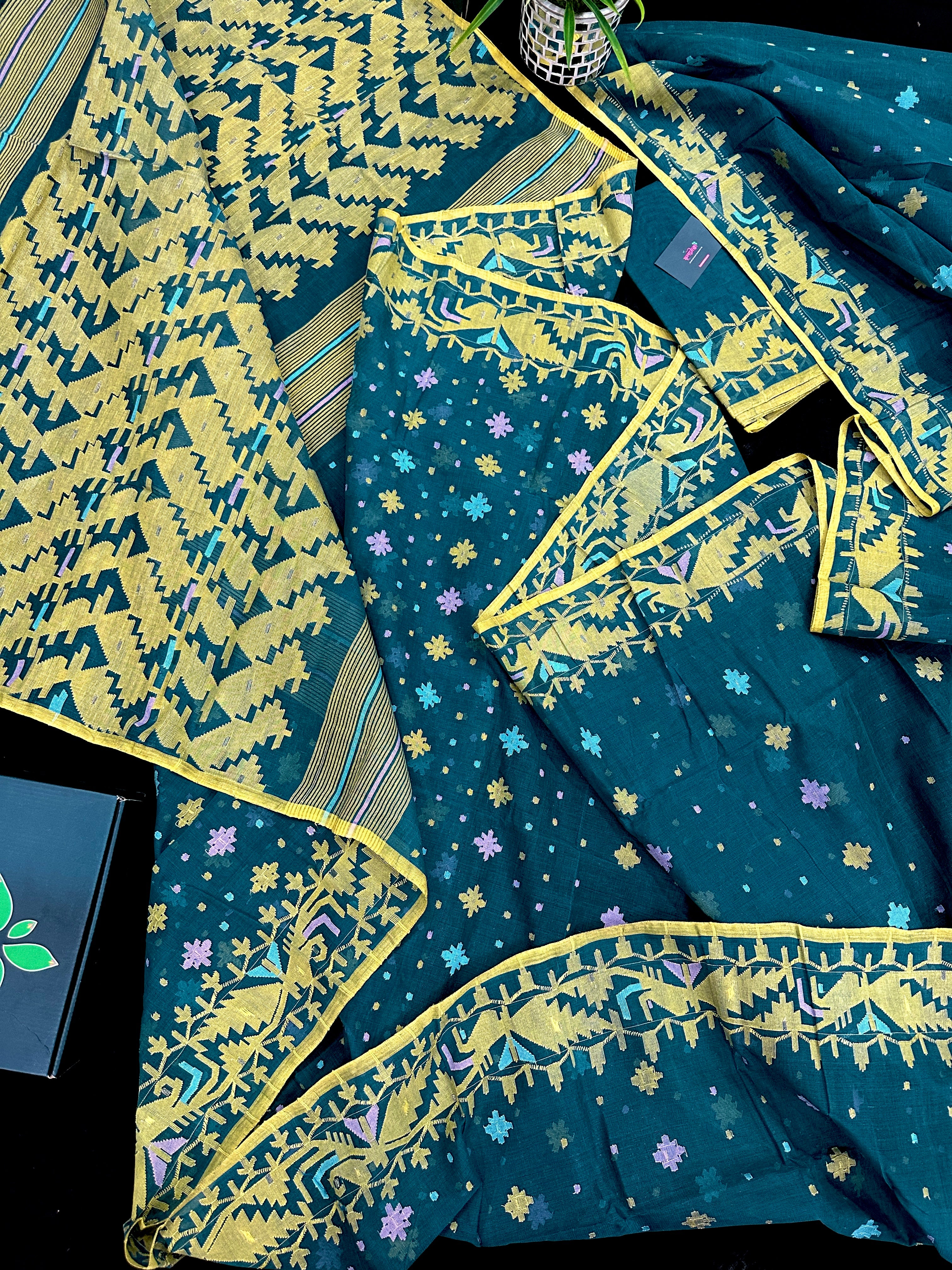 Peacock blue cotton jamdani saree with yellow threads work all over soft count