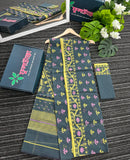 Grey colour jamdani saree with pink yellow threads work