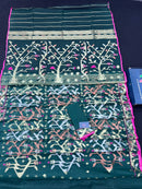 Green Colour Original Handloom Halfsilk Dhakai Jamdani With Golden Silver & Copper Jori Work