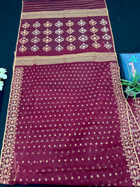 Maroon cotton jamdani with yellowish threads work.