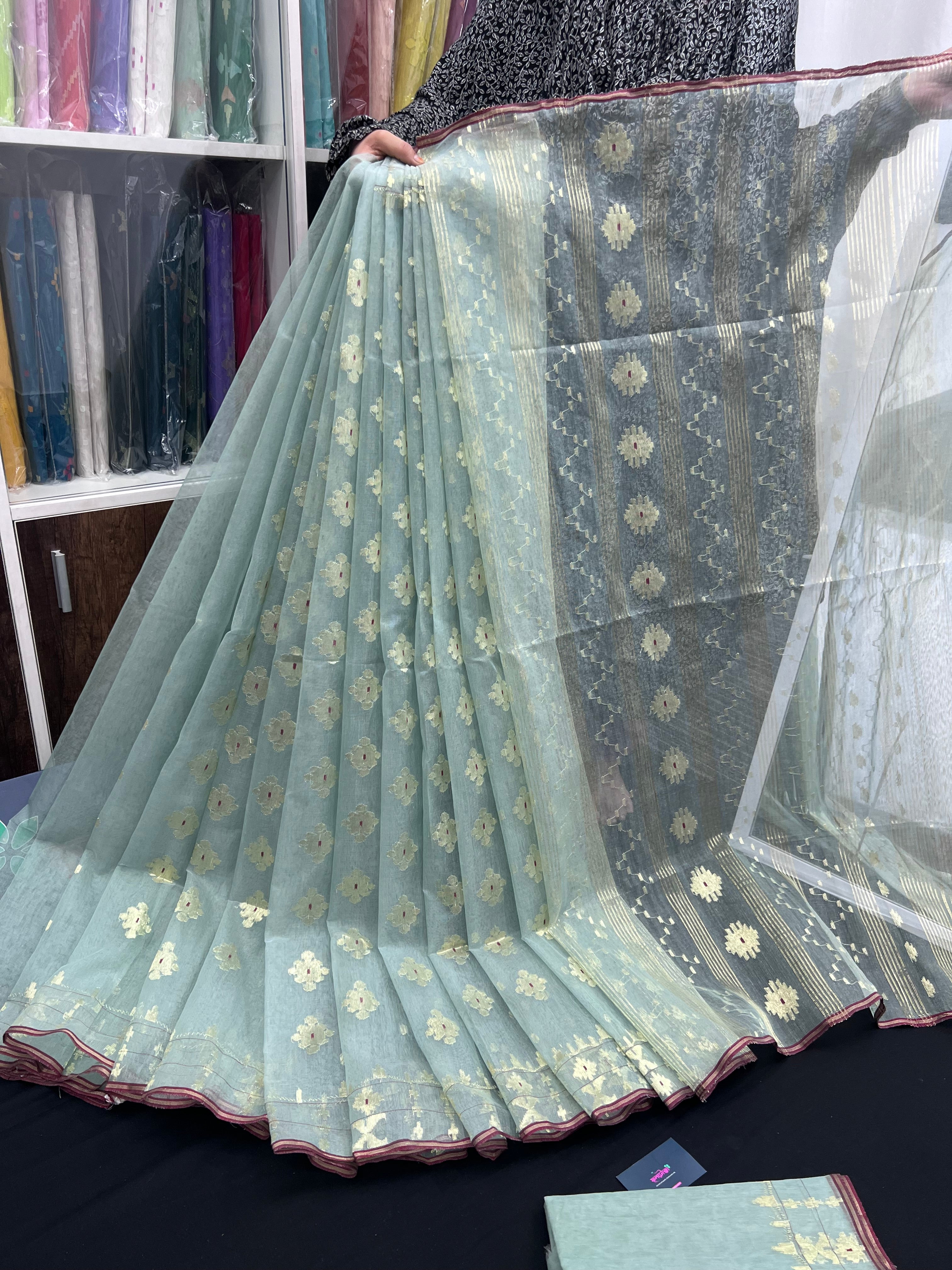 Powder Blue Original Handloom Hslfsilk Dhakai Jamdani With Golden Jori Work
