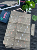 Hazel wood halfsilk jamdani saree with golden silver & copper jori work