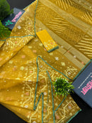 Yellow Original Handloom Dhakai Jamdani With Golden Silver & Copper Jori Work