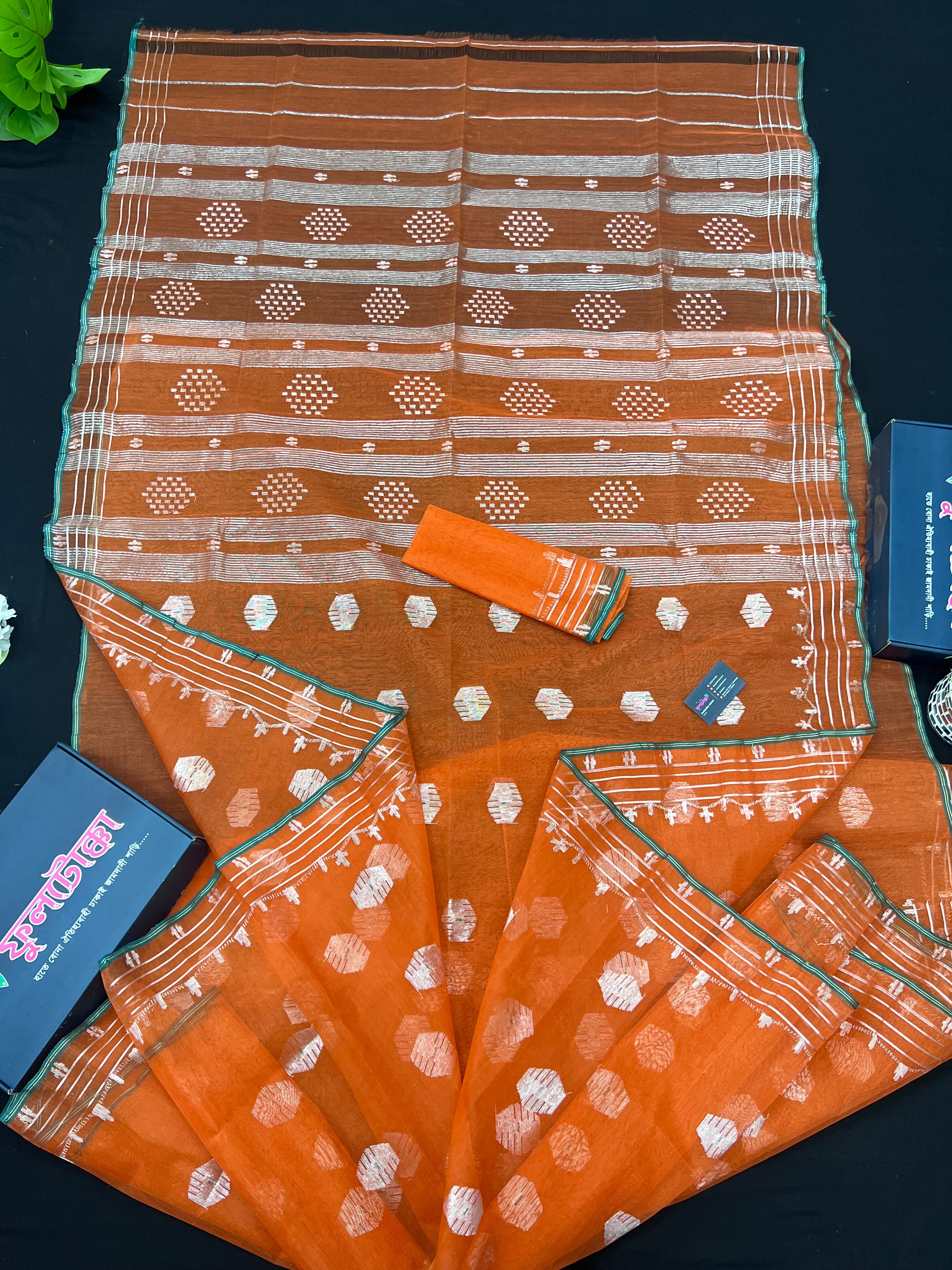 Orange Original Handloom Halfsilk Dhakai Jamdani Saree