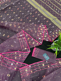 Deep bitrut dual toned jamdani saree with golden silver & copper jori work.
