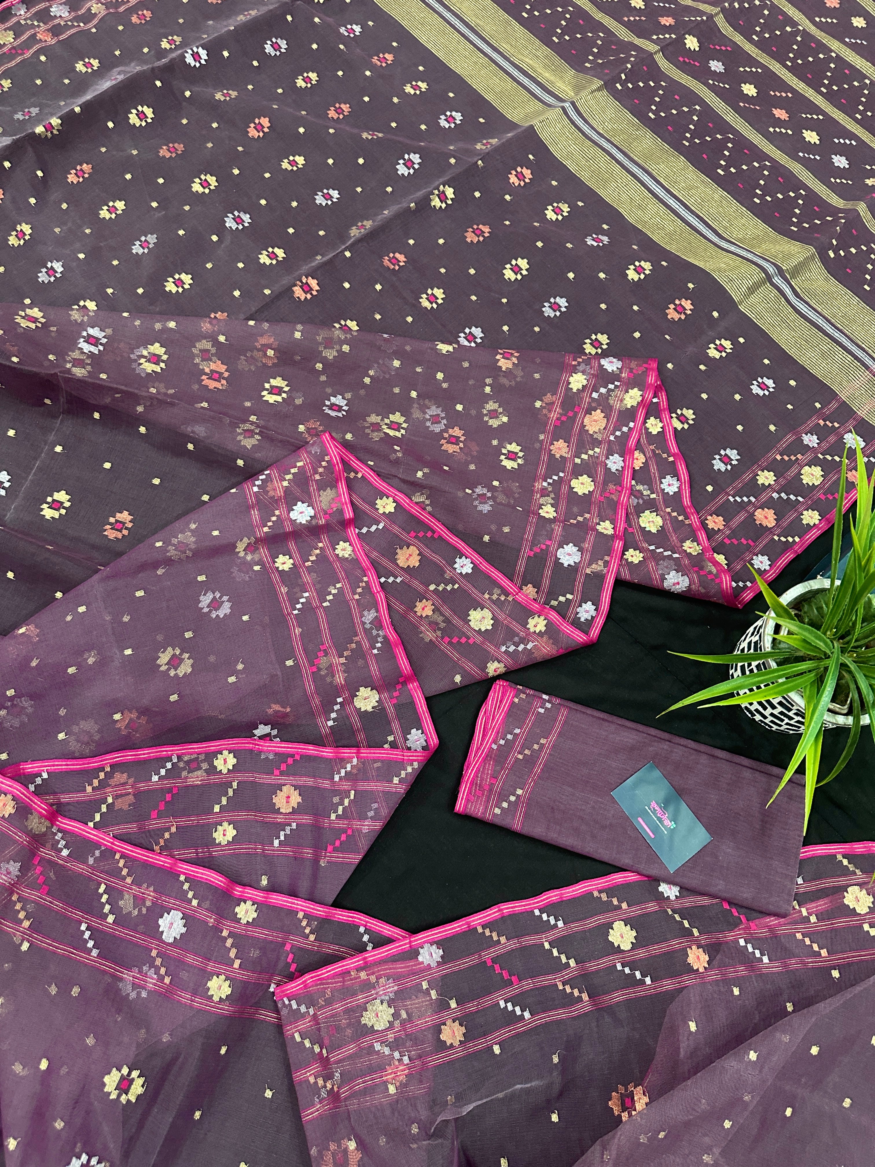 Deep bitrut dual toned jamdani saree with golden silver & copper jori work.