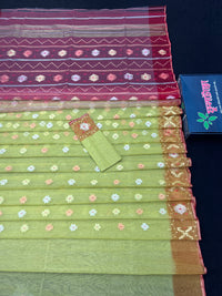 Green & Orange Colour Original Handloom Halfsilk Dhakai Jamdani With Golden Silver & Copper Jori Work