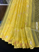 Yellow halfsilk jamdani saree with golden silver & copper jori work and self threads work
