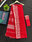 Red cotton jamdani saree with white threads work