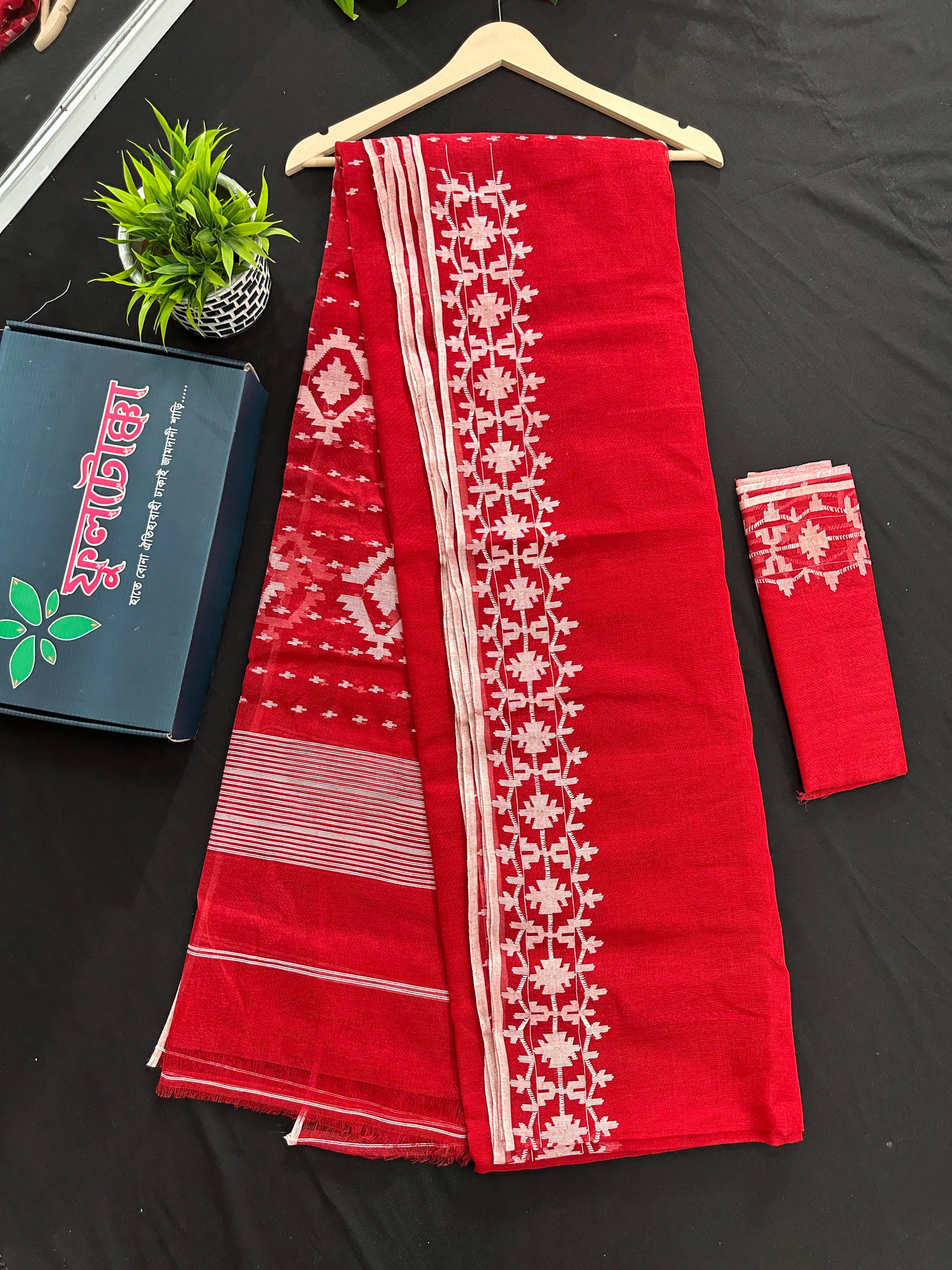 Red cotton jamdani saree with white threads work